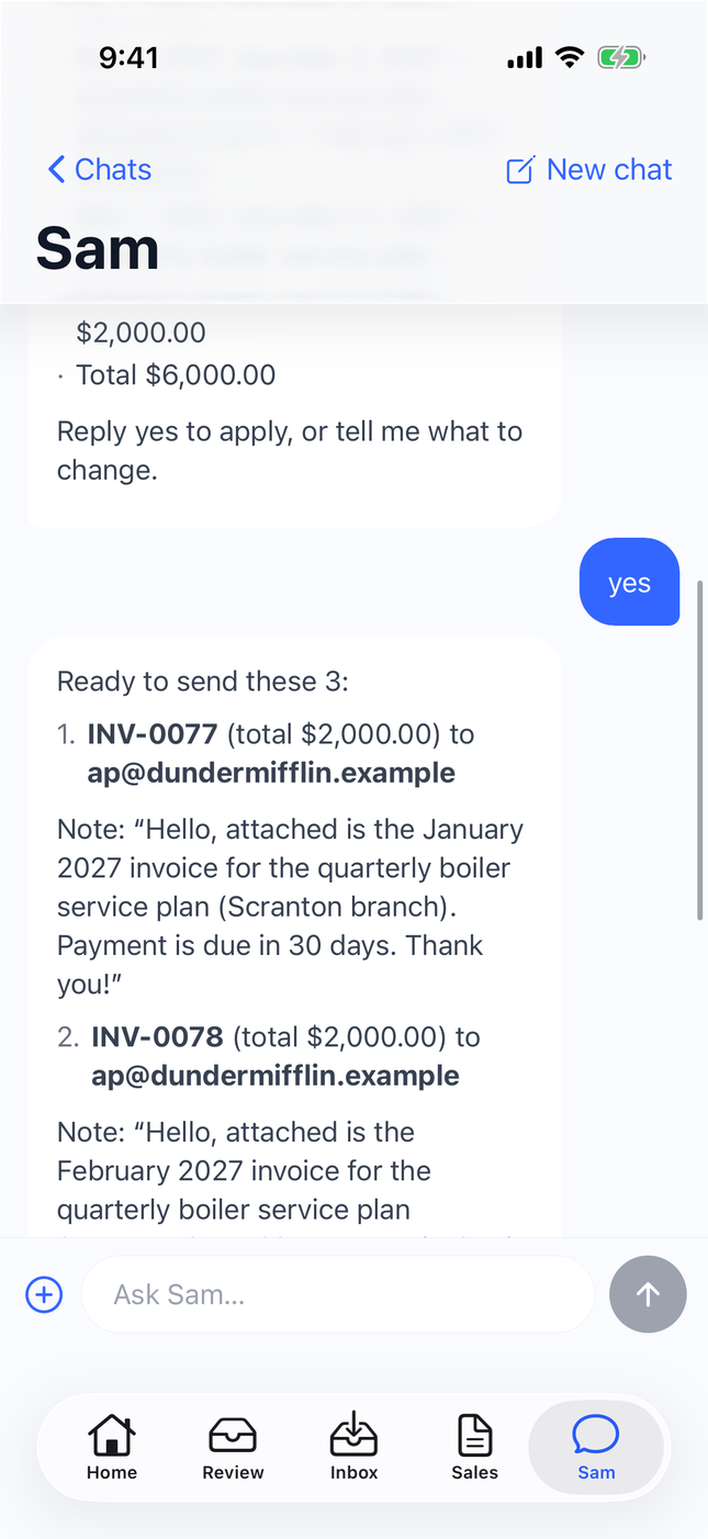 Balances iPhone app chat: the agent preparing invoices to send
