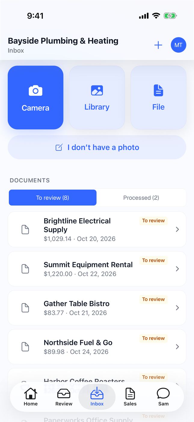 Balances iPhone app Inbox: receipts and bills waiting to be filed